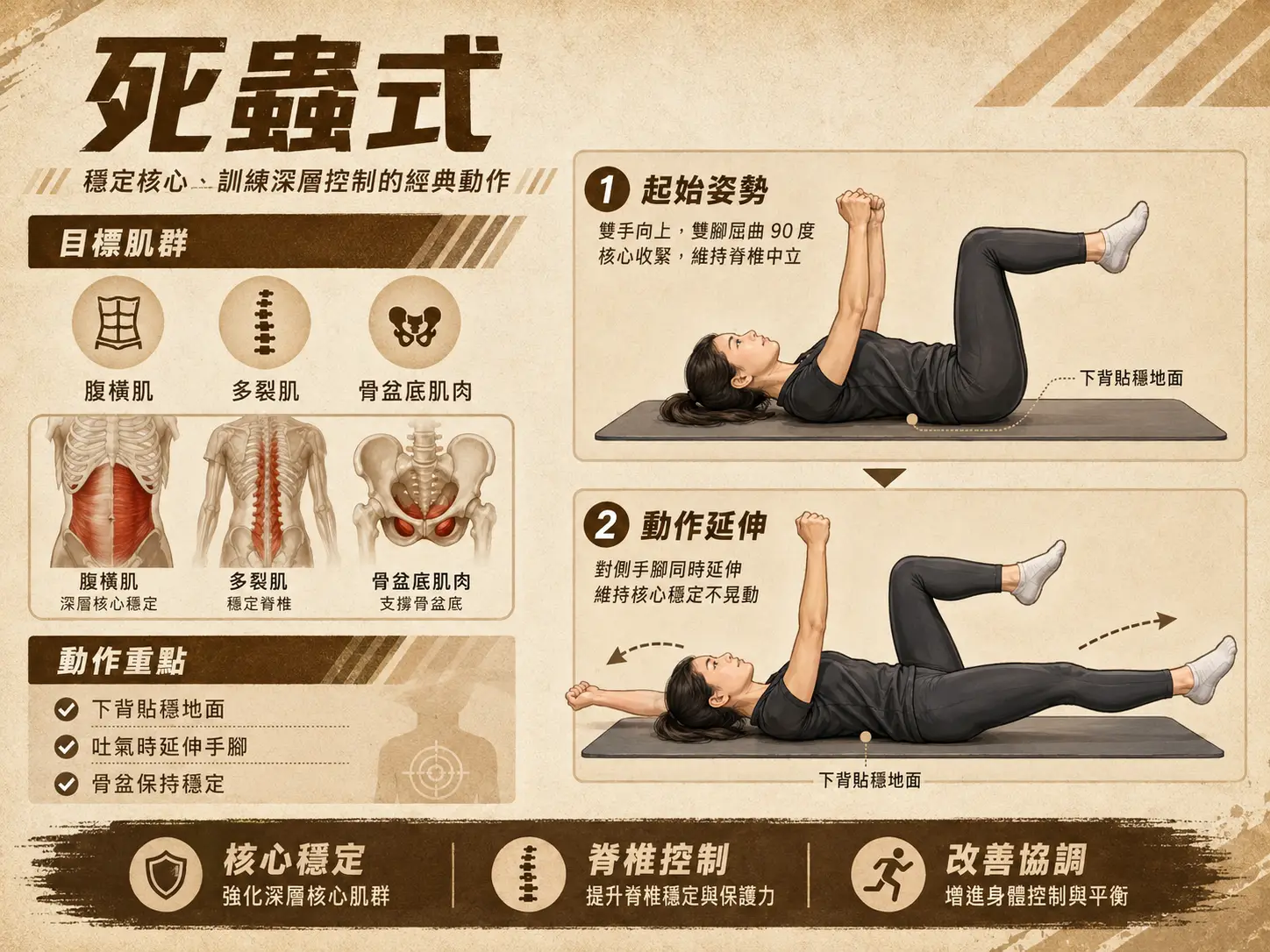 死蟲式,穩定核心,訓練深層控制的經典動作