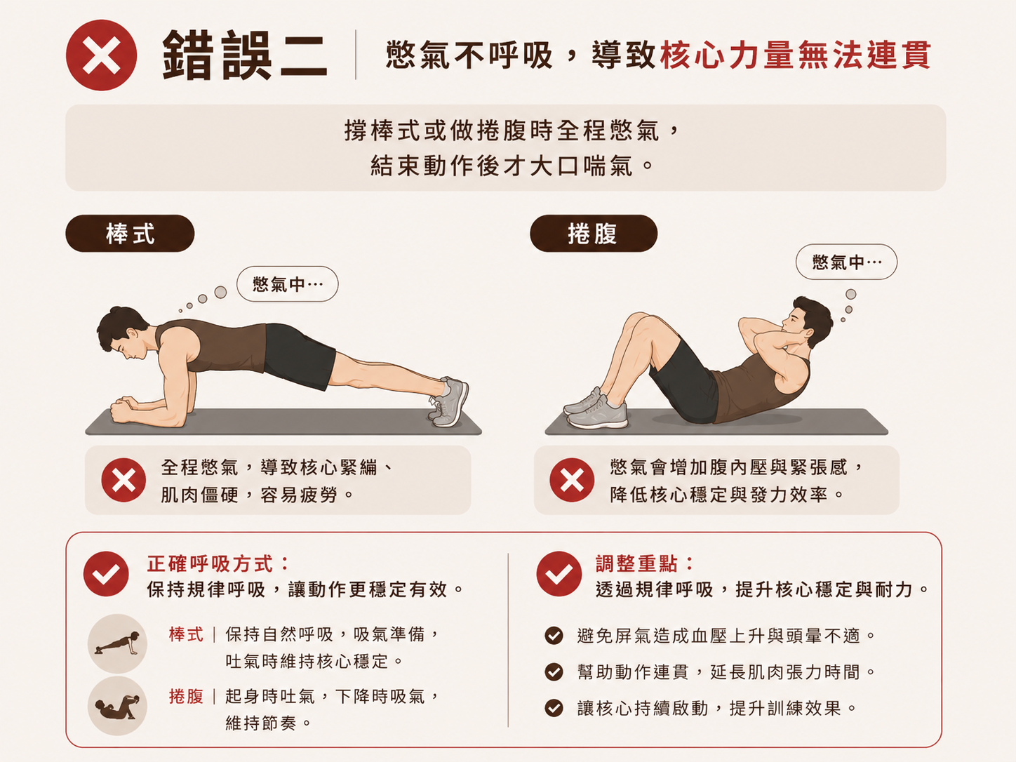 做棒式或死蟲式時,腰部不自覺拱背離地,或在伸展手腳時下背出現明顯張力感