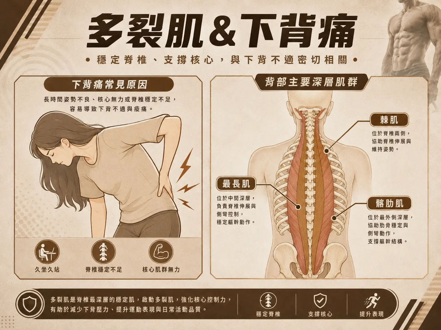 多裂肌類似脊柱的彈性閥,讓脊椎在彎曲、轉動時有效穩定,主要保護背部健康的重要肌肉