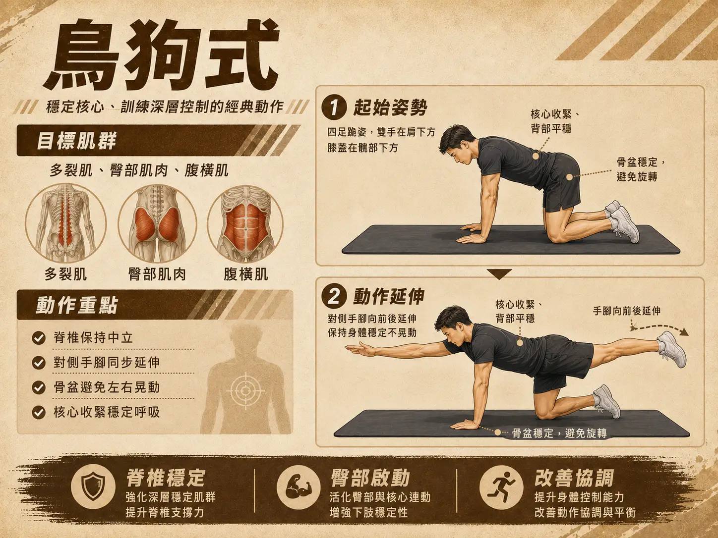 鳥狗式動作四足跪姿,雙手在肩膀正下方,膝蓋在髖部正下方